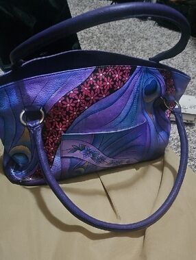 Anuschka Hand-Painted Purple Floral & Abstract Leather Shoulder Bag